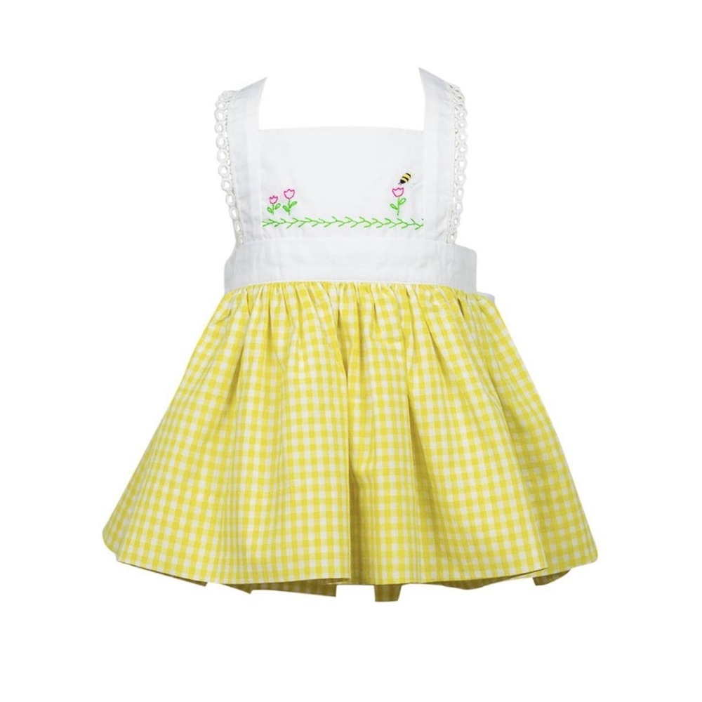 The Proper Peony Apron Dress 6 Yellow Gingham Pinafore Bow Embroidered Busy Bee